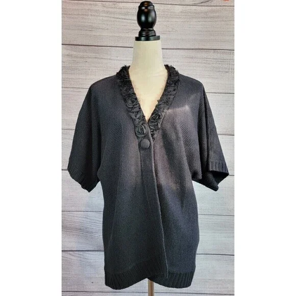 CHICO'S Flower Collar Knit Open Cardigan Black Size 3 (XL/16) - Picture 1 of 6